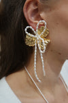 Asymmetrical Flower Earrings Dangling Pearl