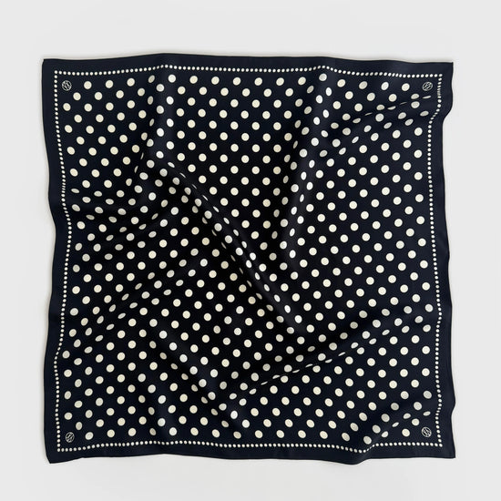 black silk square scarf with black background and white polka dots from lescarf