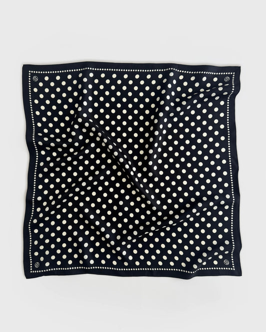 black silk square scarf with black background and white polka dots from lescarf