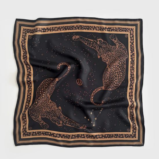 black square silk scarf with brown gemini print and leopards