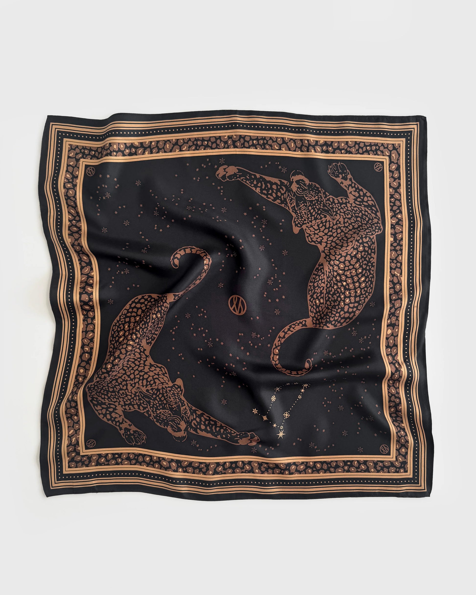 black square silk scarf with brown gemini print and leopards