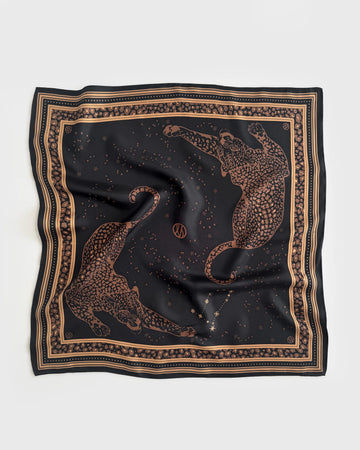 black square silk scarf with brown gemini print and leopards