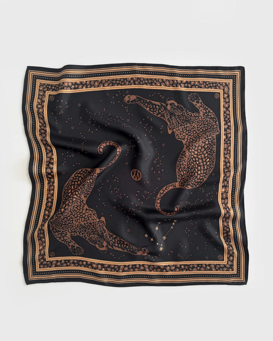 black square silk scarf with brown gemini print and leopards
