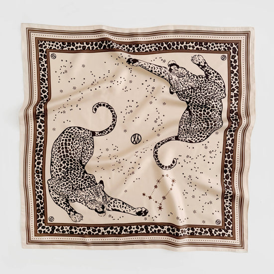 sand coloured silk square scarf with leopard print and zodiak from lescarf