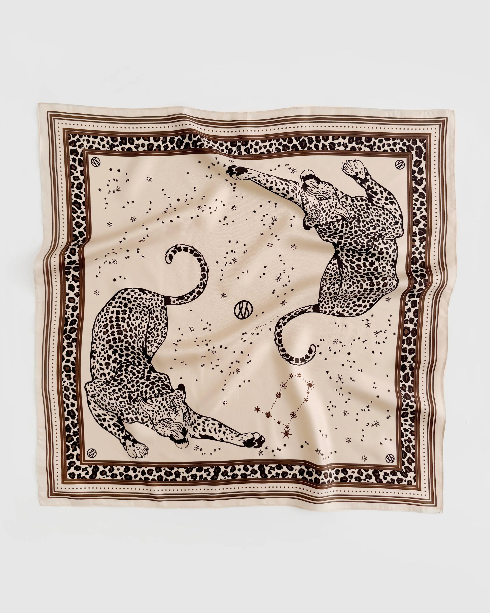 sand coloured silk square scarf with leopard print and zodiak from lescarf