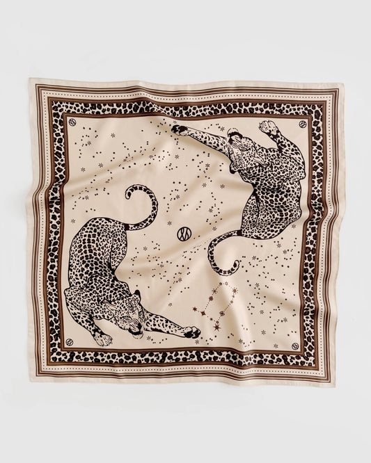 sand coloured silk square scarf with leopard print and zodiak from lescarf