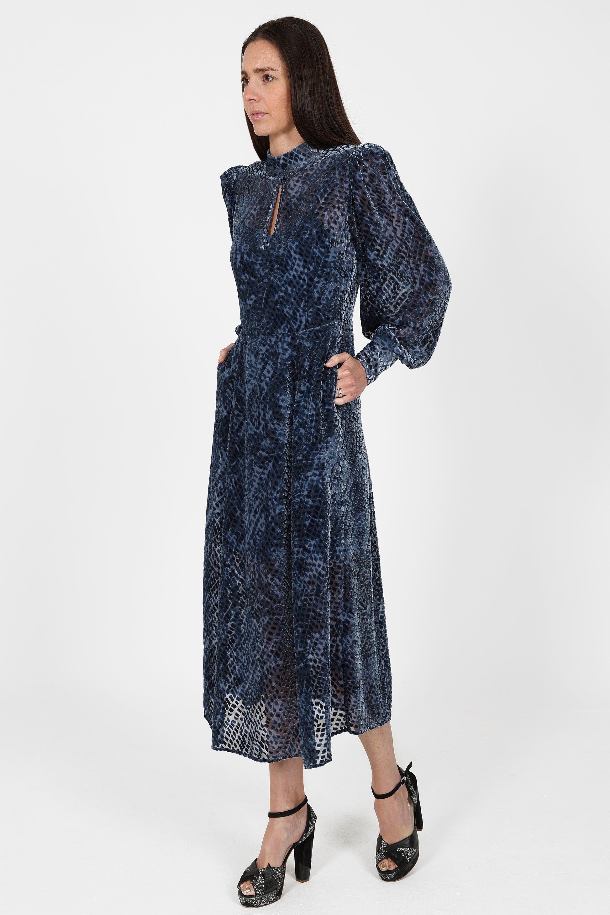 High neck burn out silk midi dress with long sleeves on model