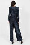 navy sequin jumpsuit with v neck, long sleeves and shoulder pads rear view 