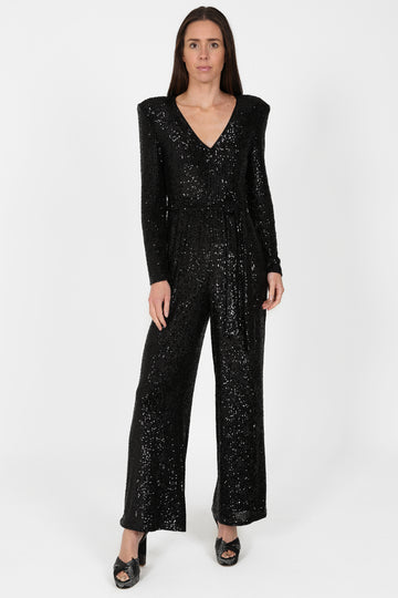 black sequin jumpsuit with v neck and wide leg with shoulder pads