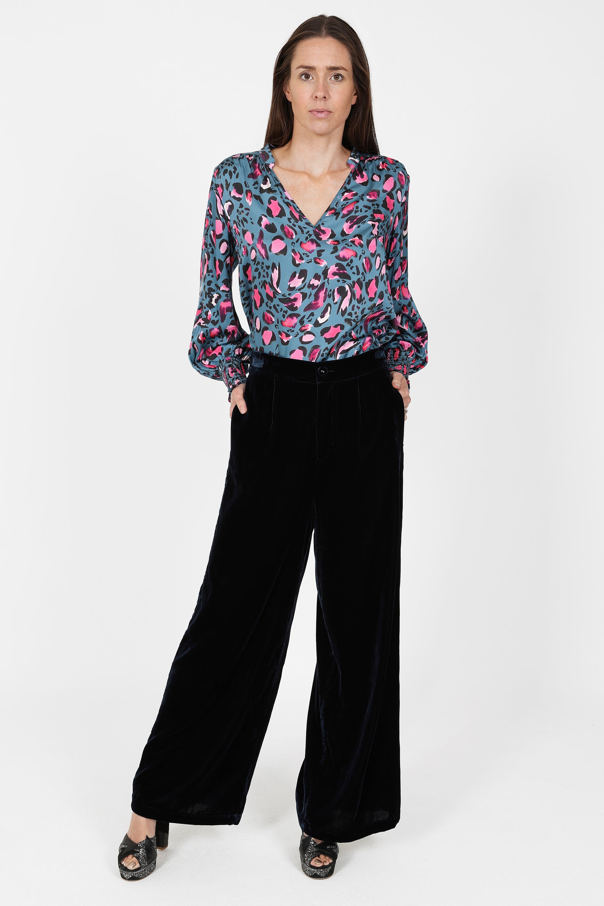 navy velvet wide leg trousers with elasticated rear waist   model shot