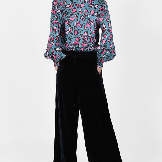 navy velvet wide leg trousers with elasticated rear waist   rear view 