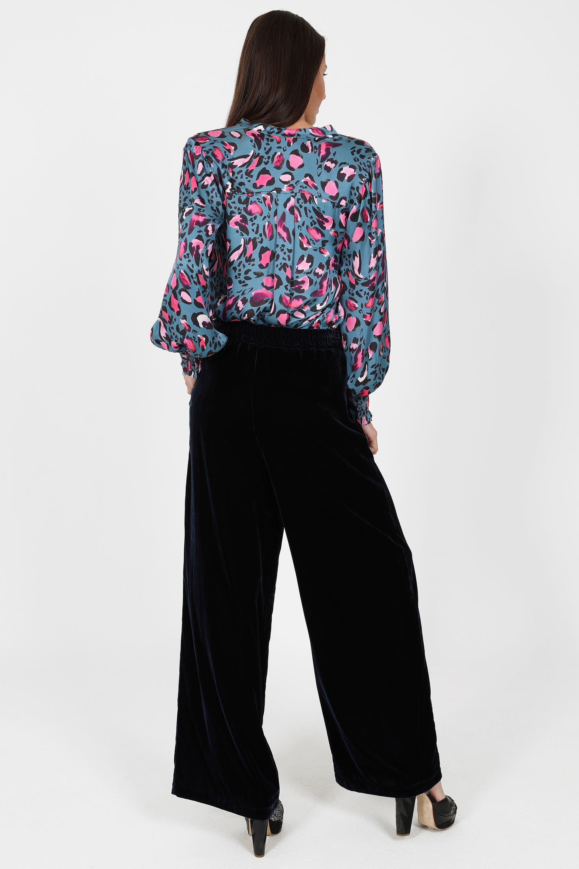 navy velvet wide leg trousers with elasticated rear waist  rear view 