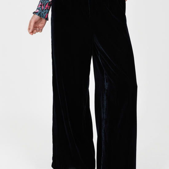 navy velvet wide leg trousers with elasticated rear waist   close up