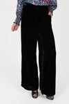 navy velvet wide leg trousers with elasticated rear waist   close up