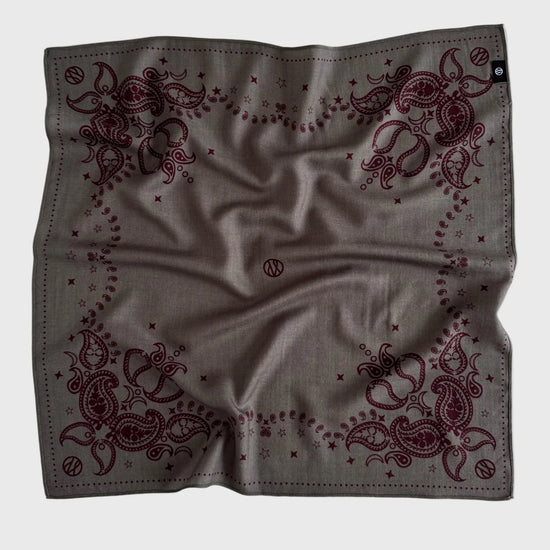taupe wool mix square scarf with paisley detail in burgundy on one side and black the other from lescarf 