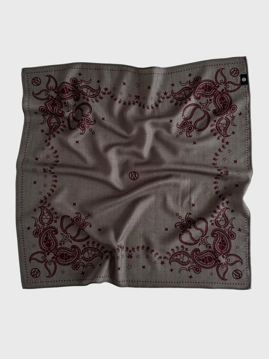 taupe wool mix square scarf with paisley detail in burgundy on one side and black the other from lescarf 