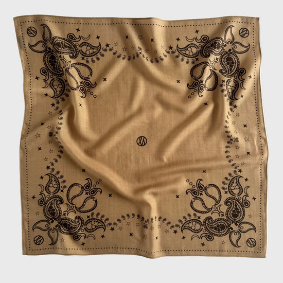 Beige bandana with black paisley patterns on a white background wool and silk blend from lescarf