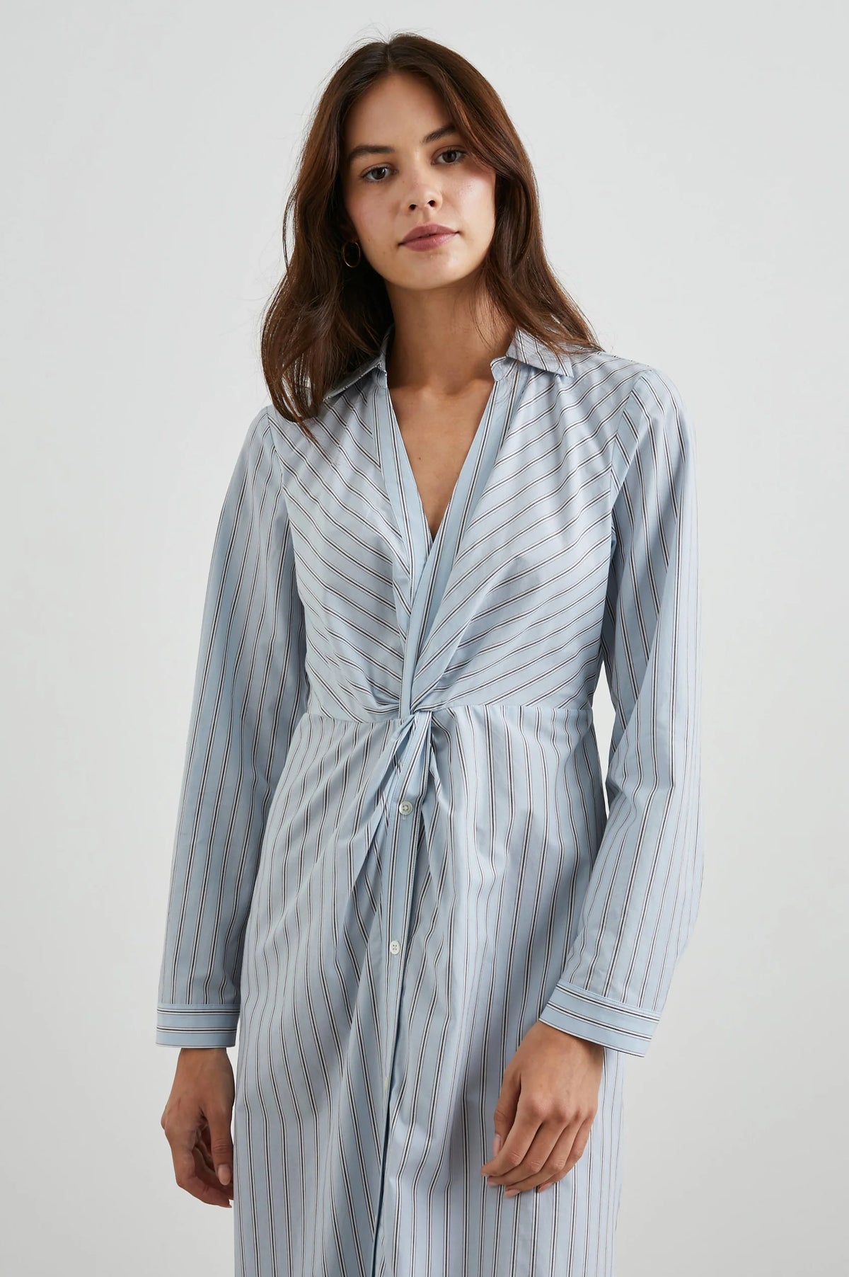 Light blue midi shirt dress with stripes, side splits and gathering detail at the centre waist with a V neck and classic collar