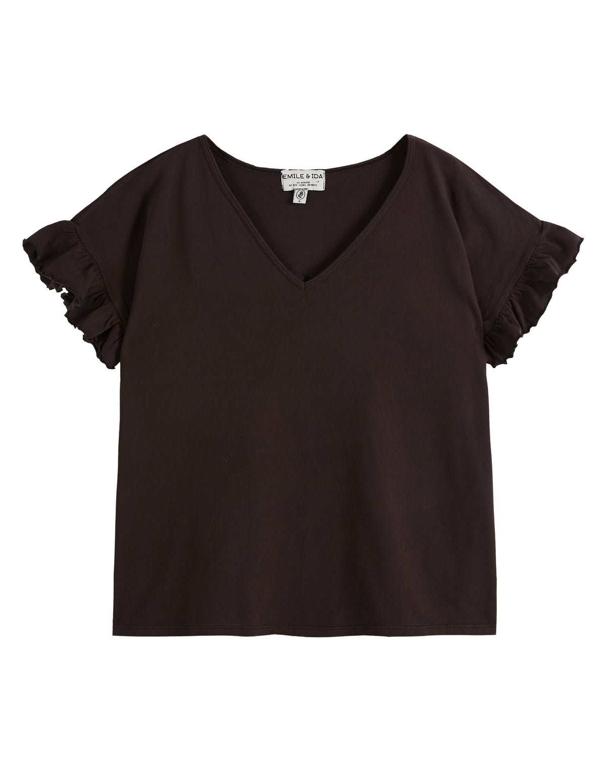 Washed black V neck tee with grown on short sleeves and ruffle cuffs