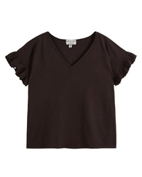 Washed black V neck tee with grown on short sleeves and ruffle cuffs