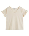 Cream V neck tee with grown on short sleeves and ruffle cuffs