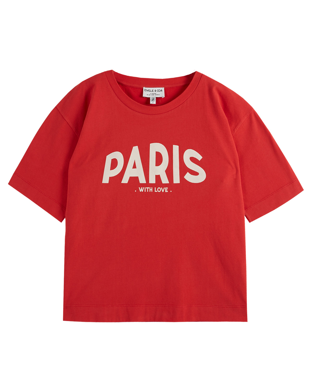Red scoop neck short sleeved tee with Paris with love centre front
