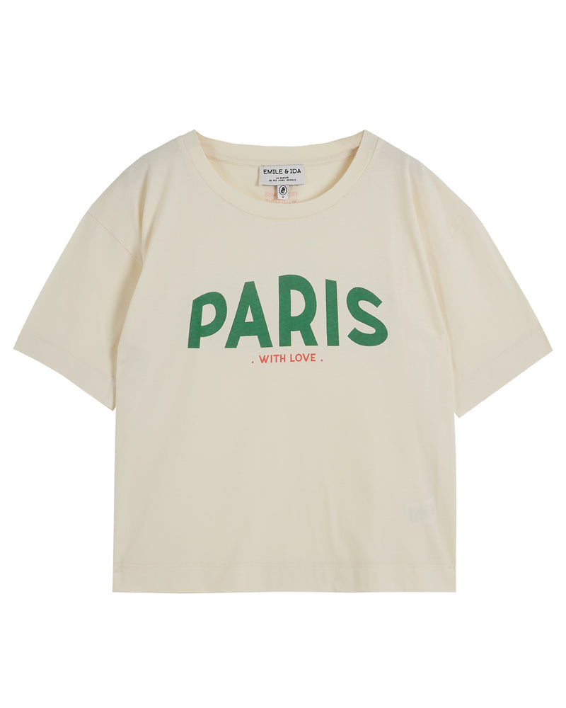 Ecru scoop neck short sleeve tee with "Paris with love" centre front