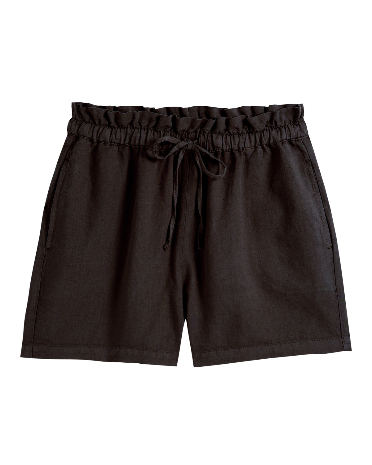 Washed black linen blend shorts with drawstring waist