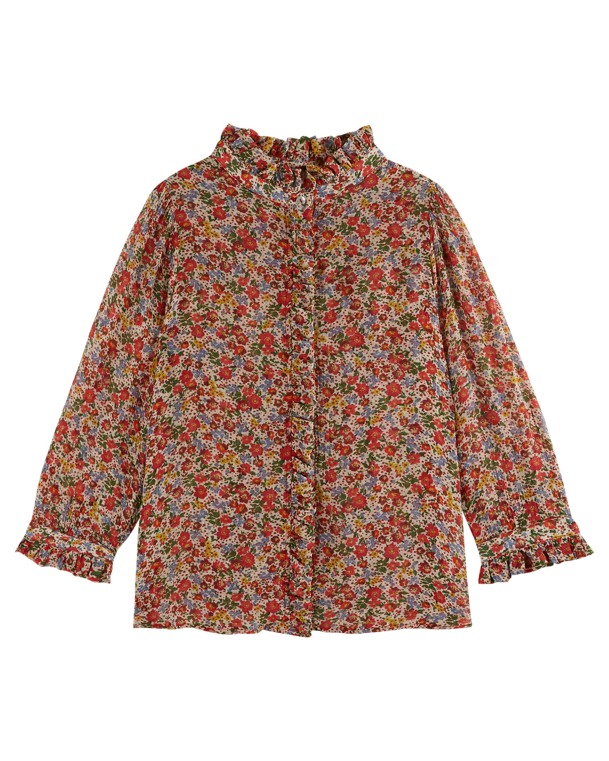 Ditsy floral blouse with ruffle details and three quarter length sleeves