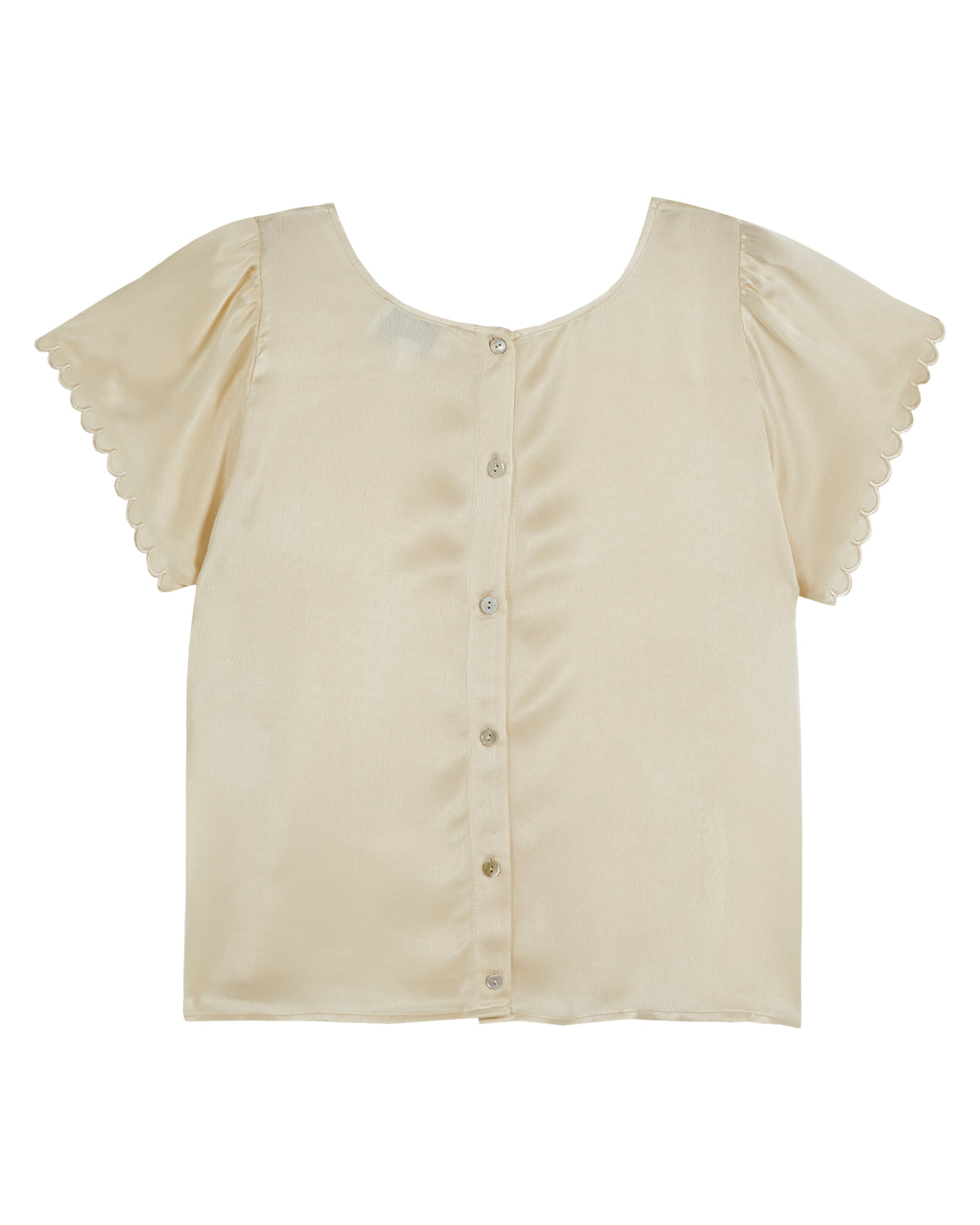 Satin short sleeved top with rear button fastening and scalloped neckline and cuffs