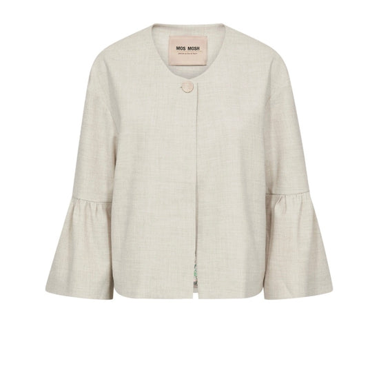 Light beige blouse with ruffled sleeves on a white background