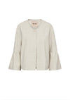 Light beige blouse with ruffled sleeves on a white background
