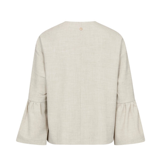 Beige blouse with ruffled sleeves on a white background