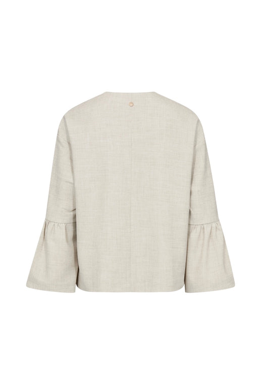 Beige blouse with ruffled sleeves on a white background