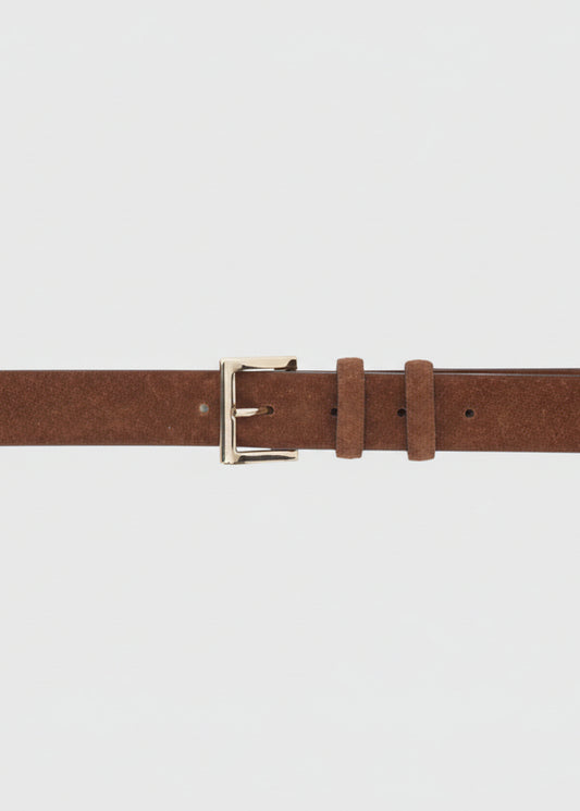 Brown belt with a silver buckle on a white background