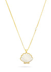 gold necklace on chain with a white pearl shell pendant