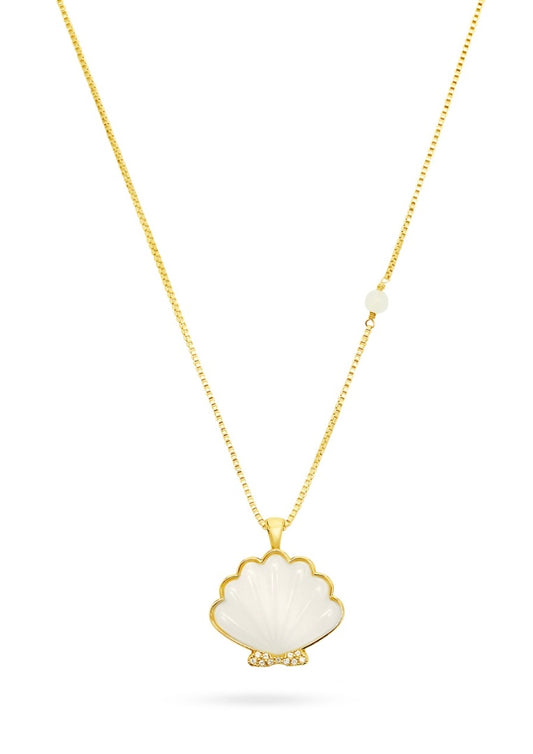 gold necklace on chain with a white pearl shell pendant