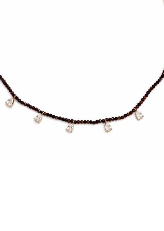 Beaded Necklace With CZ Drop Tiger's Eye