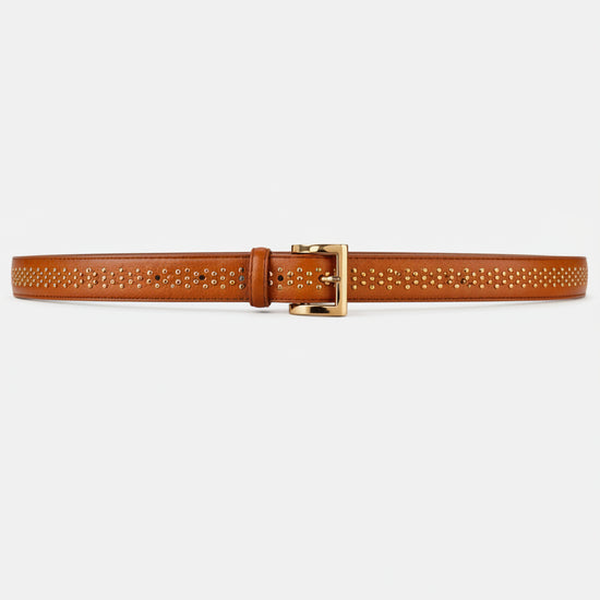tan belt with gold studs and buckle