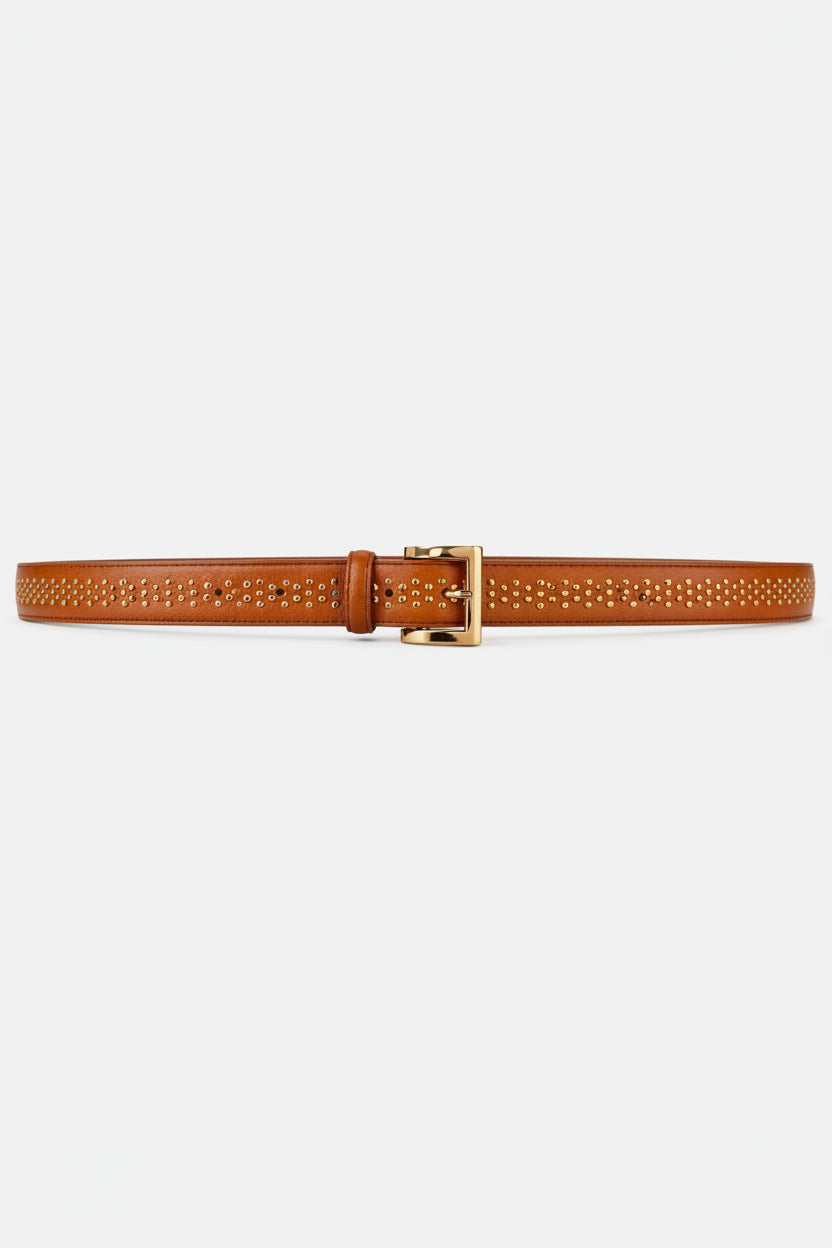 tan belt with gold studs and buckle
