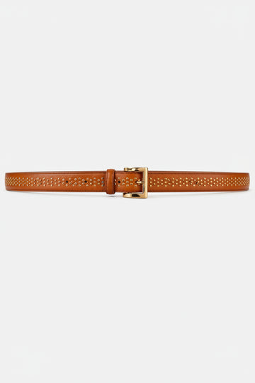 tan belt with gold studs and buckle