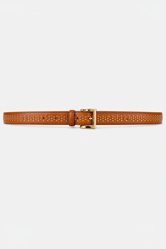 tan belt with gold studs and buckle