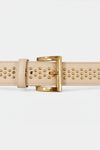 Beige leather belt with gold studs and buckle on a white background