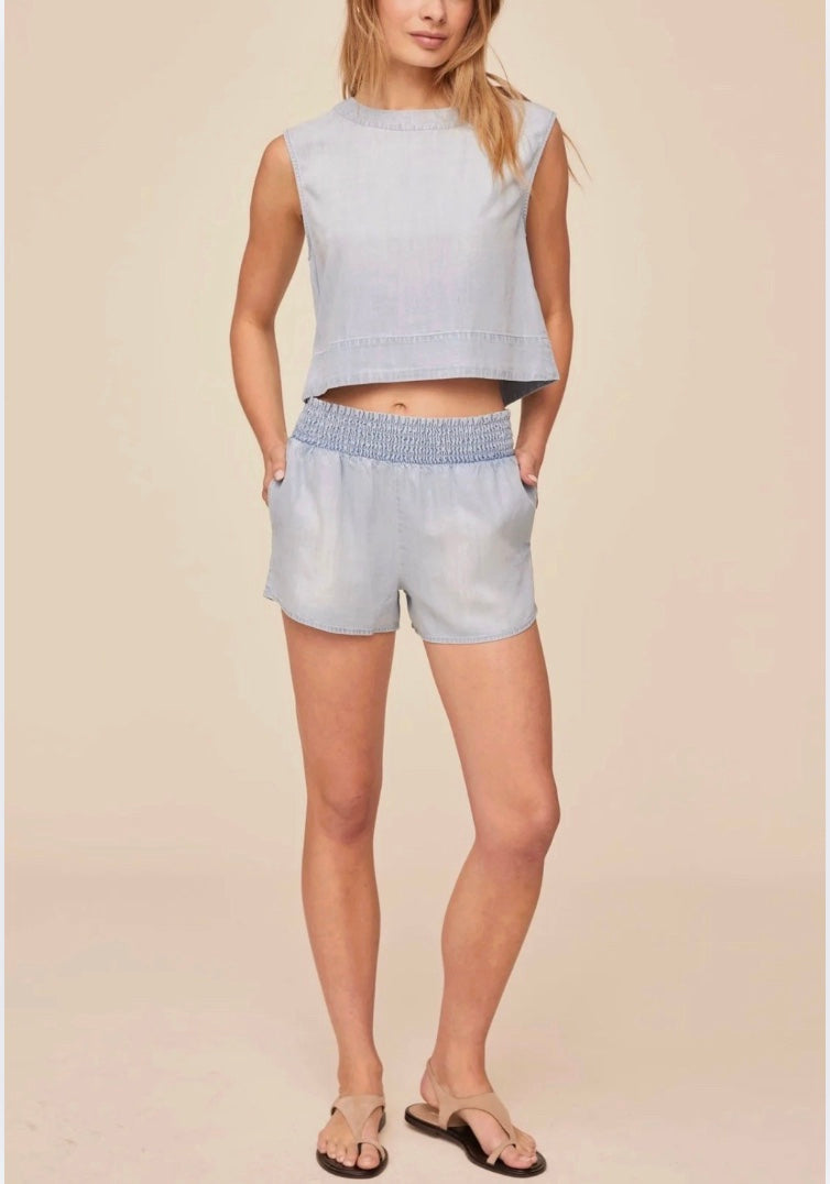 womens light blue elasticated waist shorts