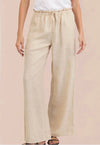 Woman wearing a white sleeveless top and beige wide-leg pants 
