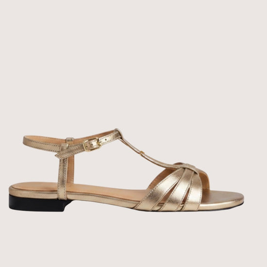 Gold sandal with a black sole on a light gray background