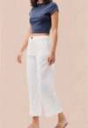 White cropped wide leg trousers with double button and zip fastening with slant side pockets and back patch pockets