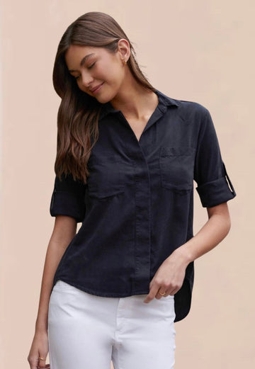 Black shirt with two chest pockets roll up arms classic collar and split back hem