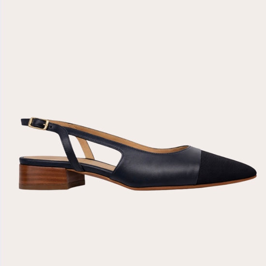 navy leather slingback with brown heel 