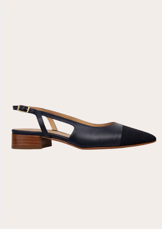 navy leather slingback with brown heel 